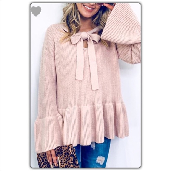 Blush Pink Front Bow Tie Sweater - Picture 2 of 8